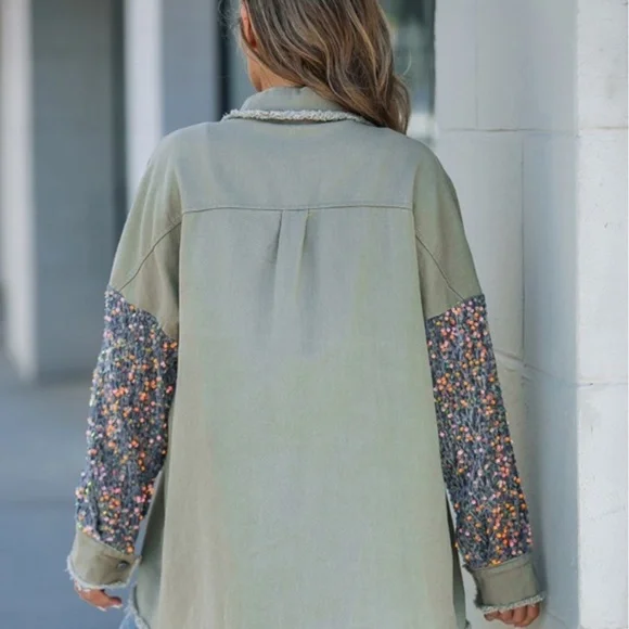 ChicMe Oversized Khaki & Sequin Button Down Shirt-Size S - Picture 10 of 12